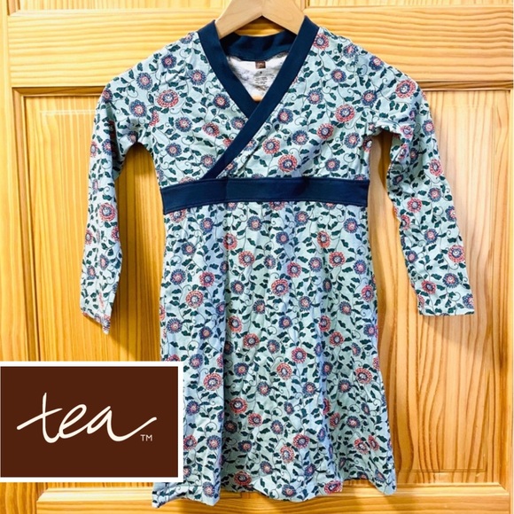 Tea Collection Other - TEA floral LS dress- teal wrap style cotton girls